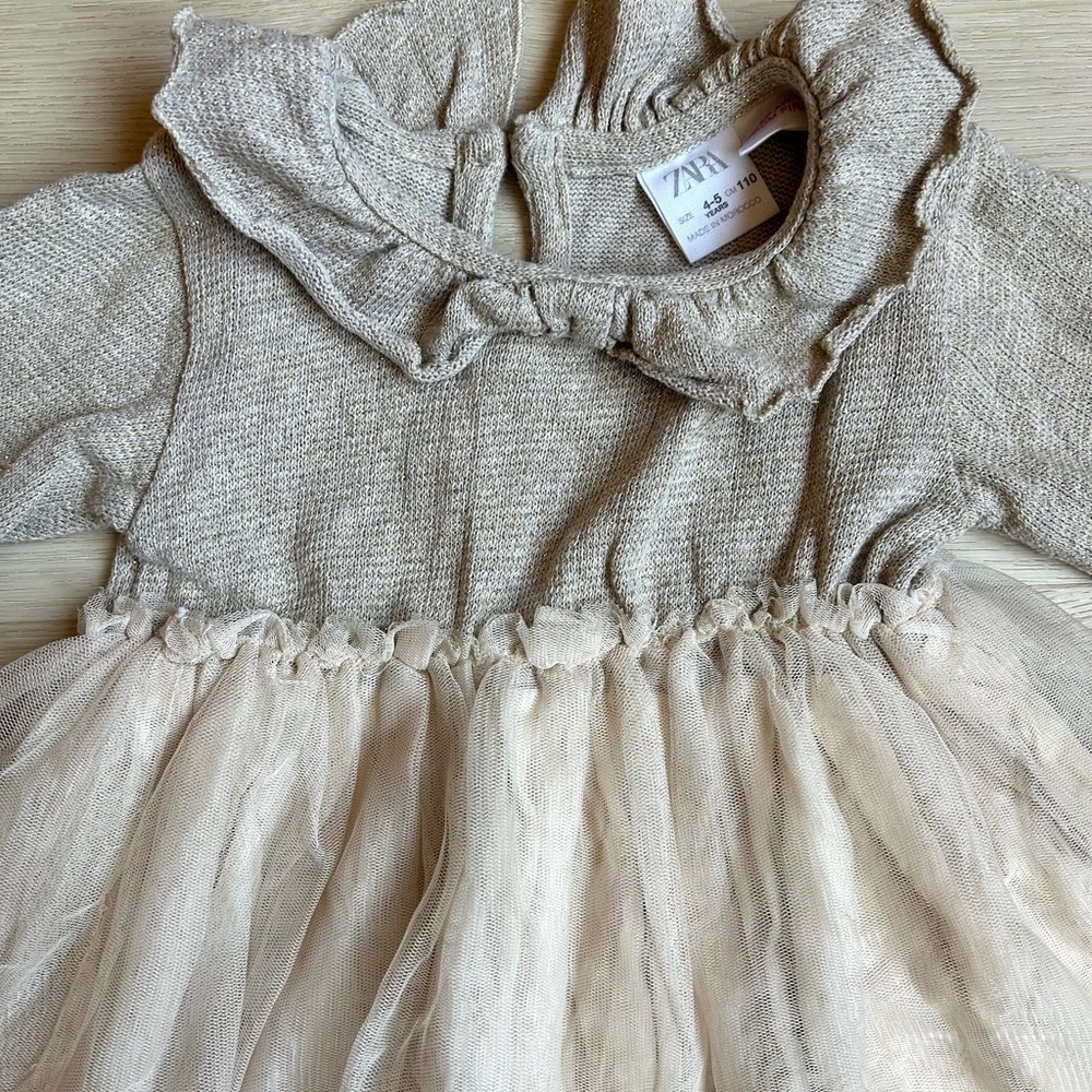 Zara Girls Elegant Gray and Cream Kids Dress - 4/5 - Picture 2 of 2